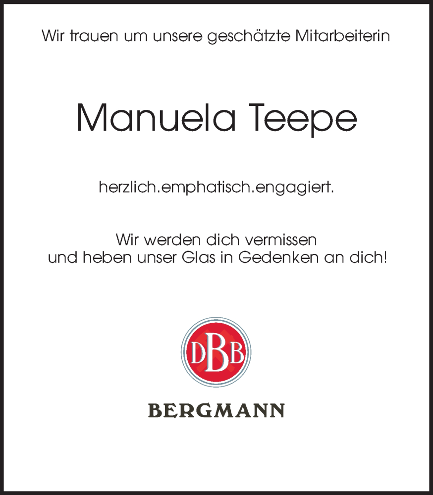  Traueranzeige für Manuela Teepe vom 16.12.2023 aus 