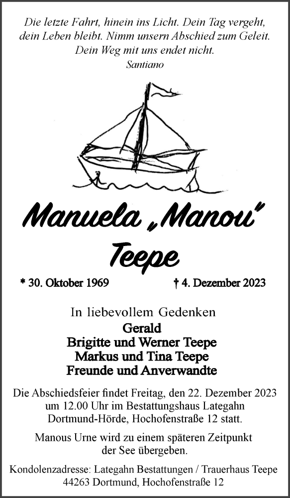  Traueranzeige für Manuela Teepe vom 16.12.2023 aus 