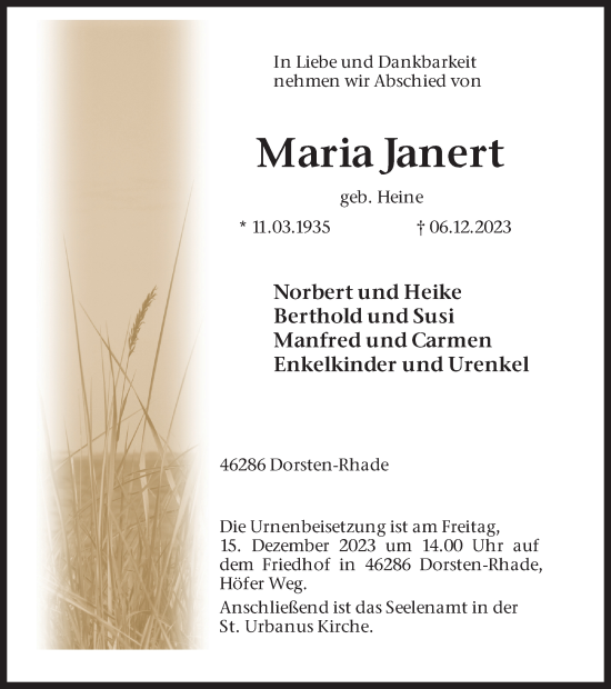 Traueranzeige von Maria Janert von Ruhr Nachrichten und Dorstener Zeitung