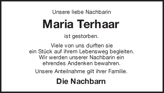 Traueranzeige von Maria Terhaar von Münstersche Zeitung und Münsterland Zeitung