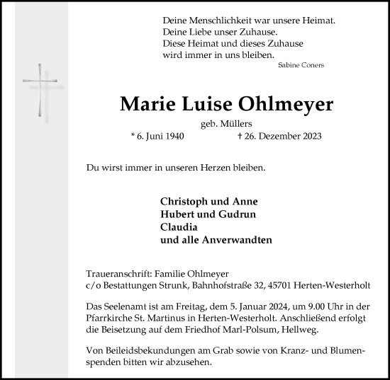 Traueranzeige von Marie Luise Ohlmeyer von Medienhaus Bauer
