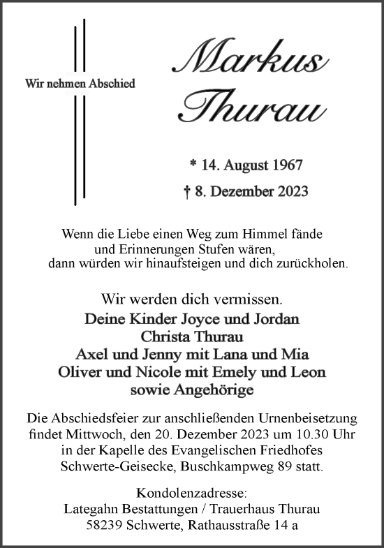 Traueranzeige von Markus Thurau von Ruhr Nachrichten