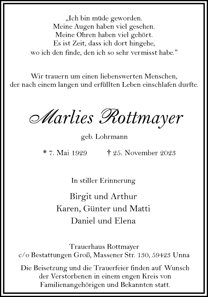  Traueranzeige für Marlies Rottmayer vom 02.12.2023 aus Hellweger Anzeiger