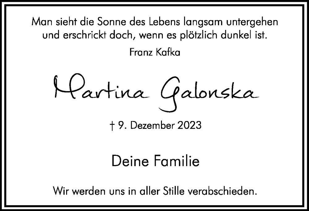  Traueranzeige für Martina Galonska vom 16.12.2023 aus Hellweger Anzeiger