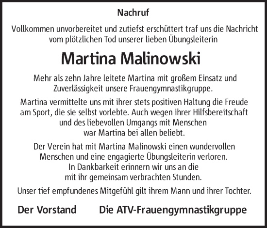 Traueranzeige von Martina Malinowski von Ruhr Nachrichten und Halterner Zeitung