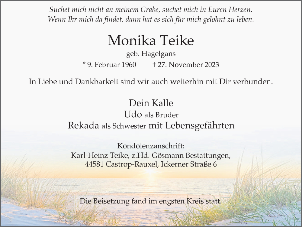  Traueranzeige für Monika Teike vom 09.12.2023 aus 