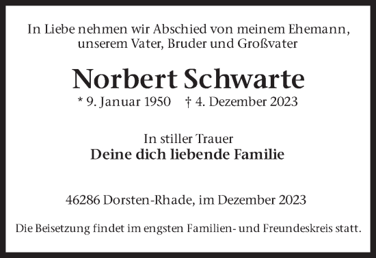 Traueranzeige von Norbert Schwarte von Ruhr Nachrichten und Dorstener Zeitung