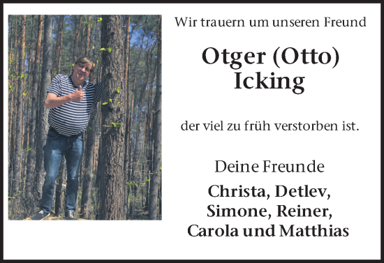 Traueranzeige von Otger Icking von Münstersche Zeitung und Münsterland Zeitung