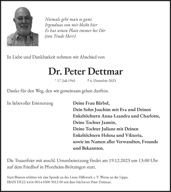 Traueranzeige von Peter Dettmar von Ruhr Nachrichten