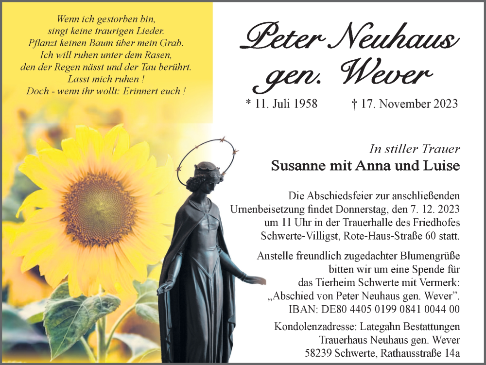  Traueranzeige für Peter Neuhaus vom 02.12.2023 aus Ruhr Nachrichten