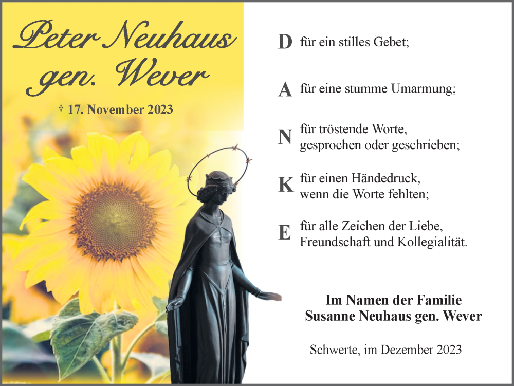  Traueranzeige für Peter Neuhaus vom 30.12.2023 aus Ruhr Nachrichten