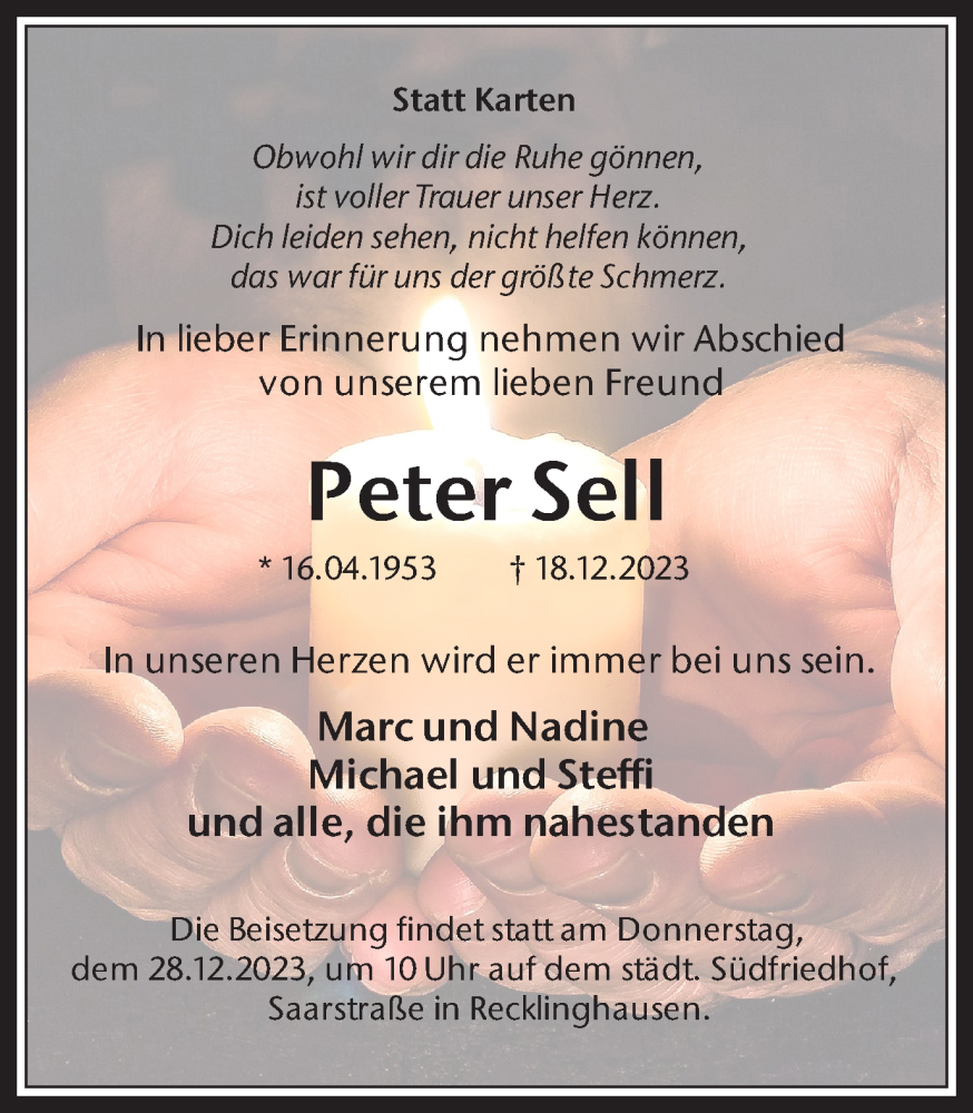  Traueranzeige für Peter Sell vom 23.12.2023 aus Medienhaus Bauer