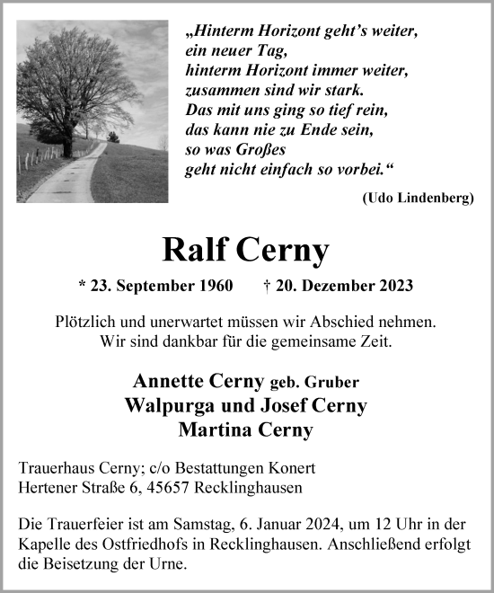 Traueranzeige von Ralf Cerny von Medienhaus Bauer