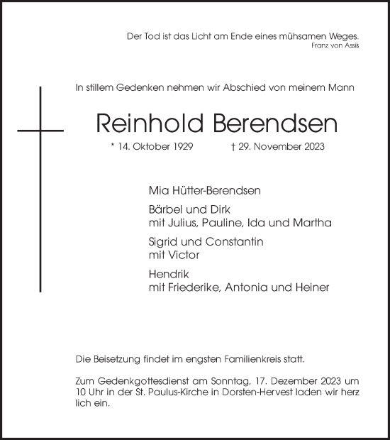 Traueranzeige von Reinhold Berendsen von Ruhr Nachrichten und Dorstener Zeitung