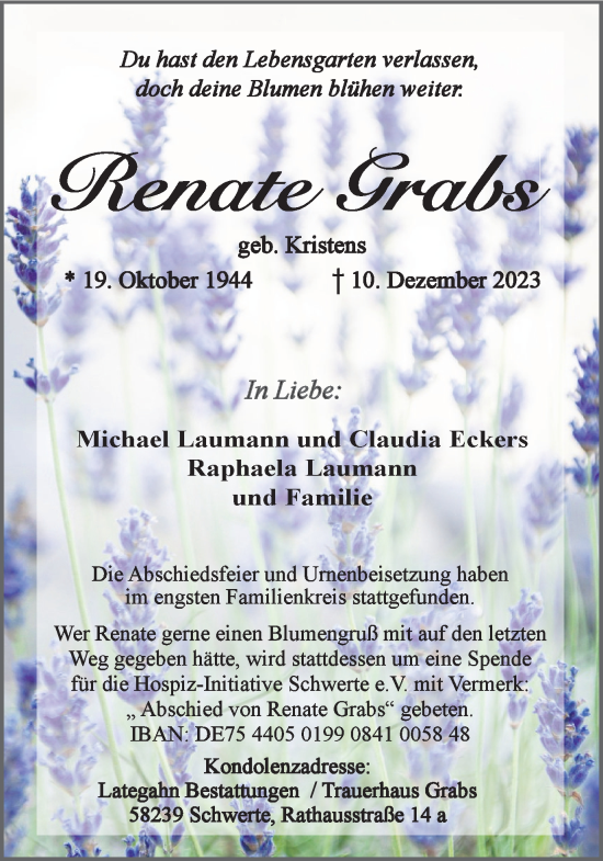 Traueranzeige von Renate Grabs von Ruhr Nachrichten