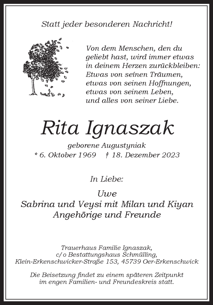  Traueranzeige für Rita Ignaszak vom 23.12.2023 aus Medienhaus Bauer