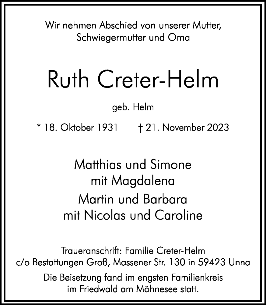  Traueranzeige für Ruth Creter-Helm vom 19.12.2023 aus Hellweger Anzeiger