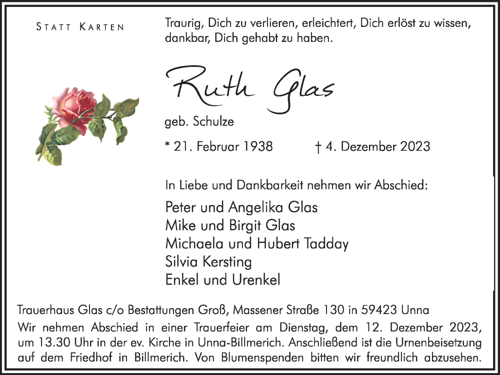  Traueranzeige für Ruth Glas vom 07.12.2023 aus Hellweger Anzeiger
