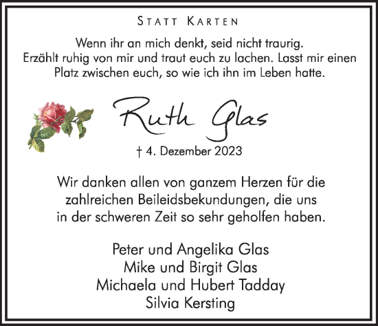 Traueranzeige von Ruth Glas von Hellweger Anzeiger