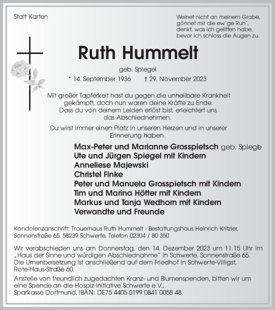 Traueranzeige von Ruth Hummelt von Ruhr Nachrichten