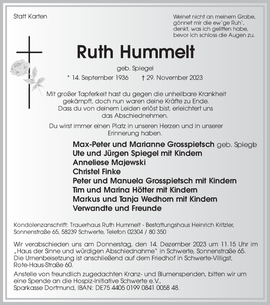  Traueranzeige für Ruth Hummelt vom 02.12.2023 aus Ruhr Nachrichten