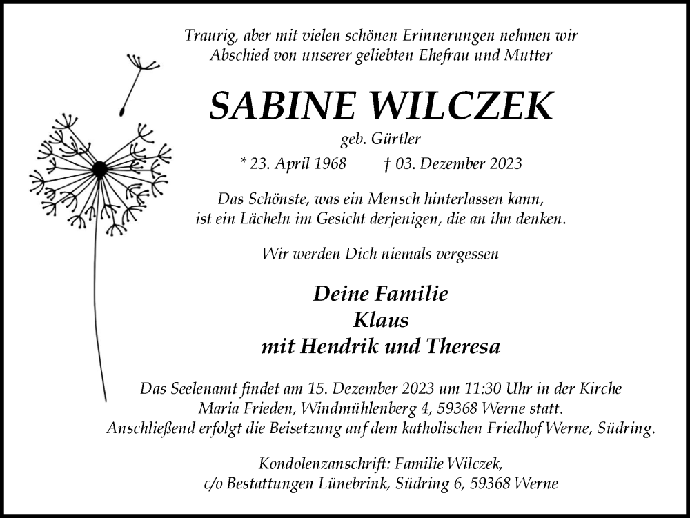  Traueranzeige für Sabine Wilczek vom 09.12.2023 aus Ruhr Nachrichten