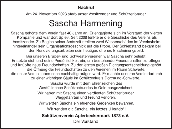 Traueranzeige von Sascha Harmening 