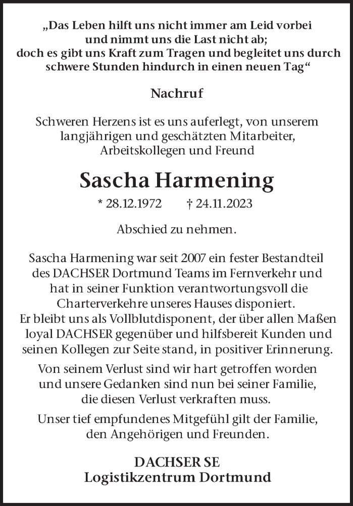  Traueranzeige für Sascha Harmening vom 02.12.2023 aus 