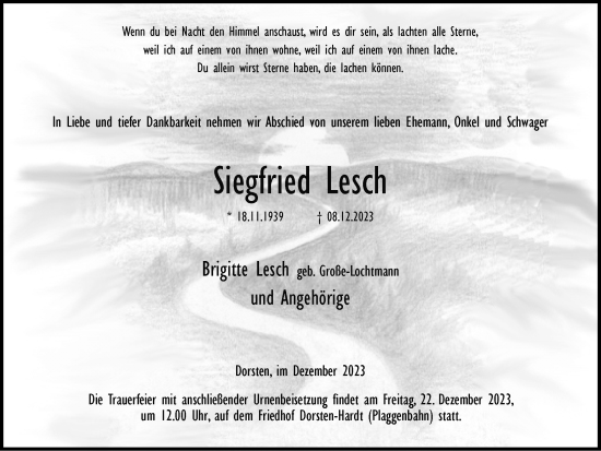 Traueranzeige von Siegfried Lesch von Ruhr Nachrichten und Dorstener Zeitung