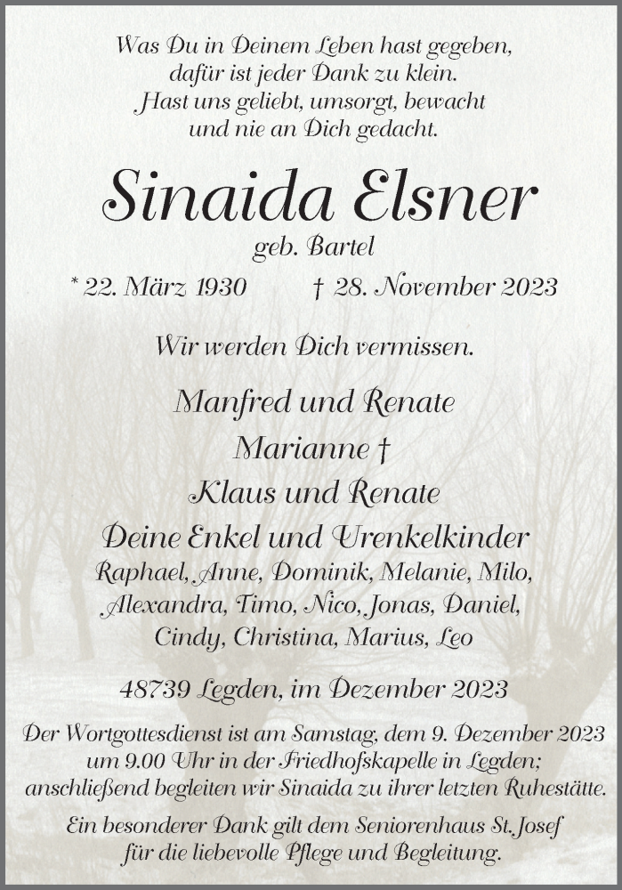  Traueranzeige für Sinaida Elsner vom 02.12.2023 aus Münstersche Zeitung und Münsterland Zeitung
