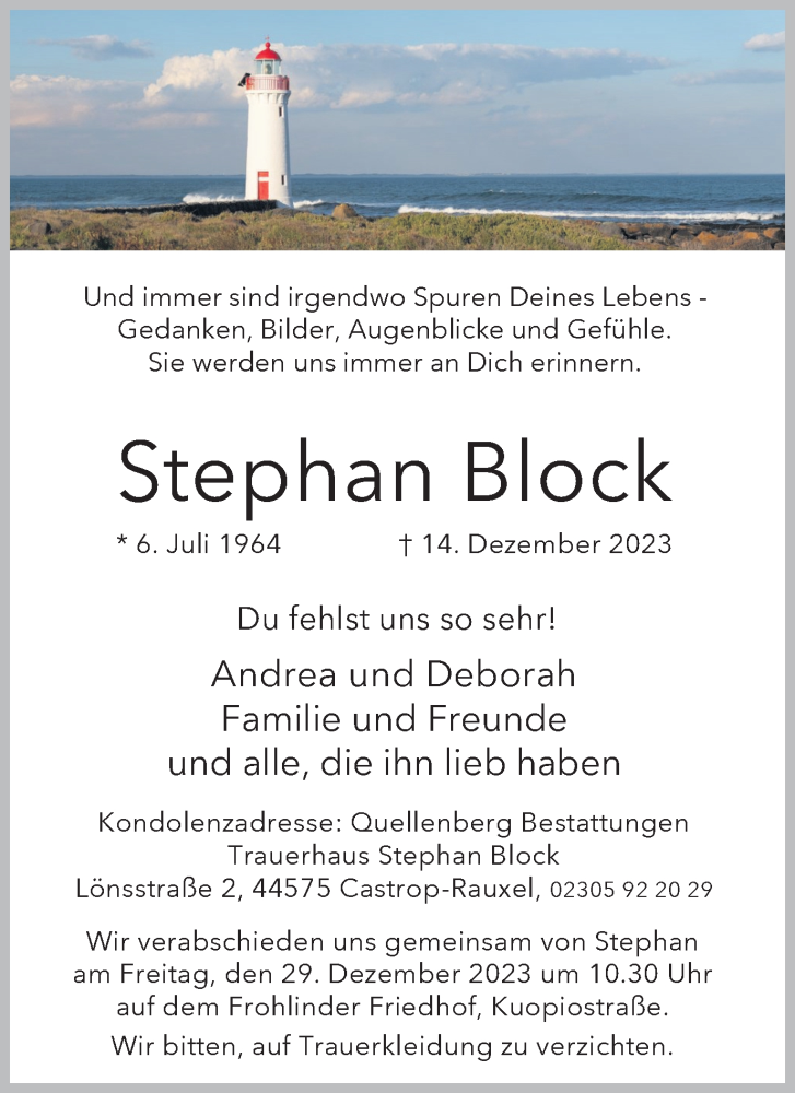  Traueranzeige für Stephan Block vom 23.12.2023 aus 
