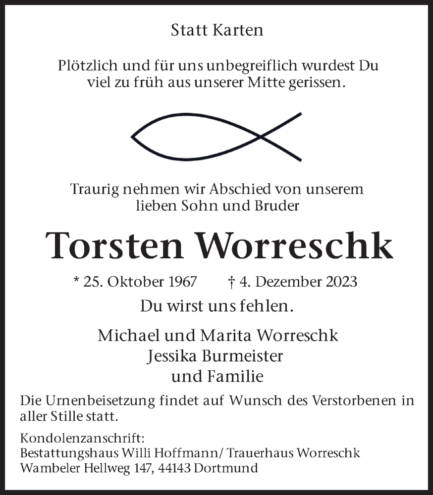  Traueranzeige für Torsten Worreschk vom 09.12.2023 aus 