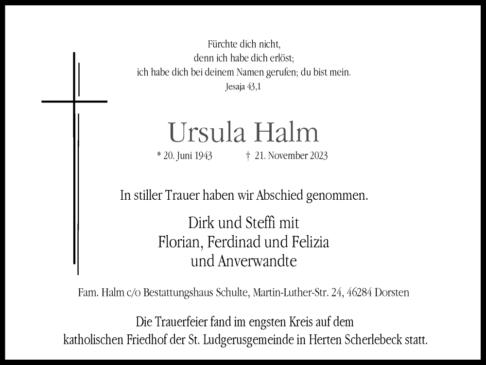  Traueranzeige für Ursula Halm vom 16.12.2023 aus Medienhaus Bauer