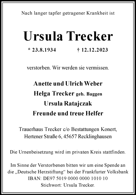 Traueranzeige von Ursula Trecker von Medienhaus Bauer