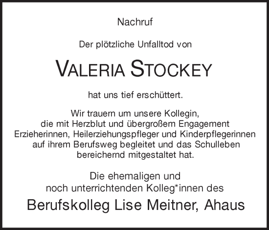 Traueranzeige von Valeria Stockey von Münstersche Zeitung und Münsterland Zeitung