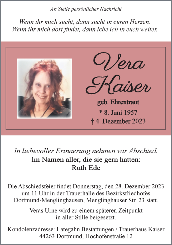 Traueranzeige von Vera Kaiser 