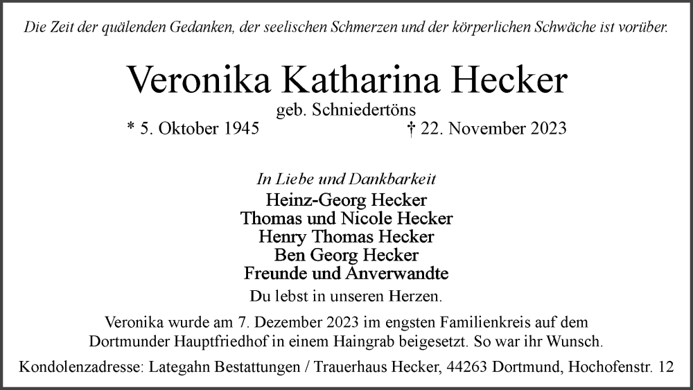  Traueranzeige für Veronika Katharina Hecker vom 09.12.2023 aus 