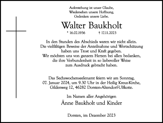 Traueranzeige von Walter Baukholt von Ruhr Nachrichten und Dorstener Zeitung