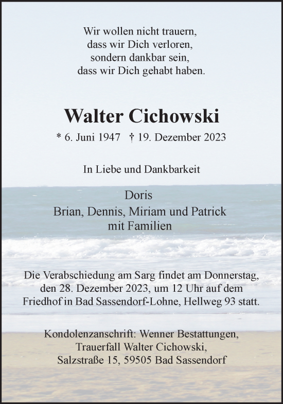 Traueranzeige von Walter Cichowski von Ruhr Nachrichten und Dorstener Zeitung