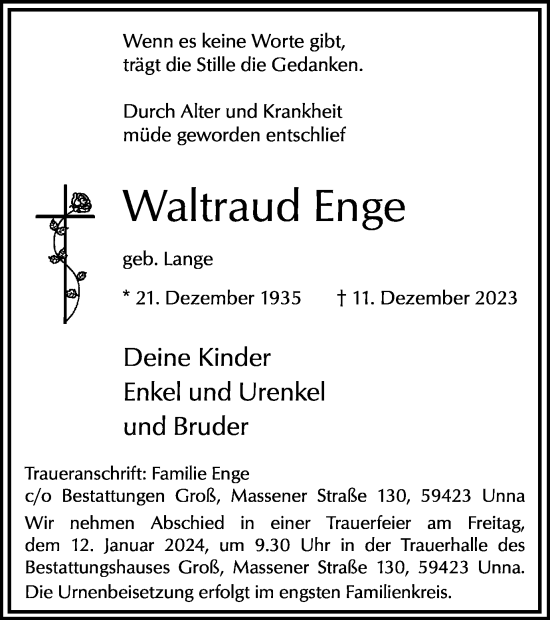 Traueranzeige von Waltraud Enge von Hellweger Anzeiger