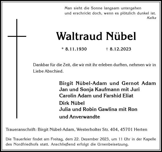 Traueranzeige von Waltraud Nübel von Medienhaus Bauer