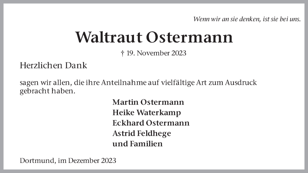 Traueranzeige für Waltraut Ostermann vom 30.12.2023 aus 