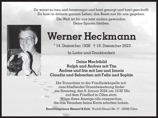 Traueranzeige von Werner Heckmann von Ruhr Nachrichten