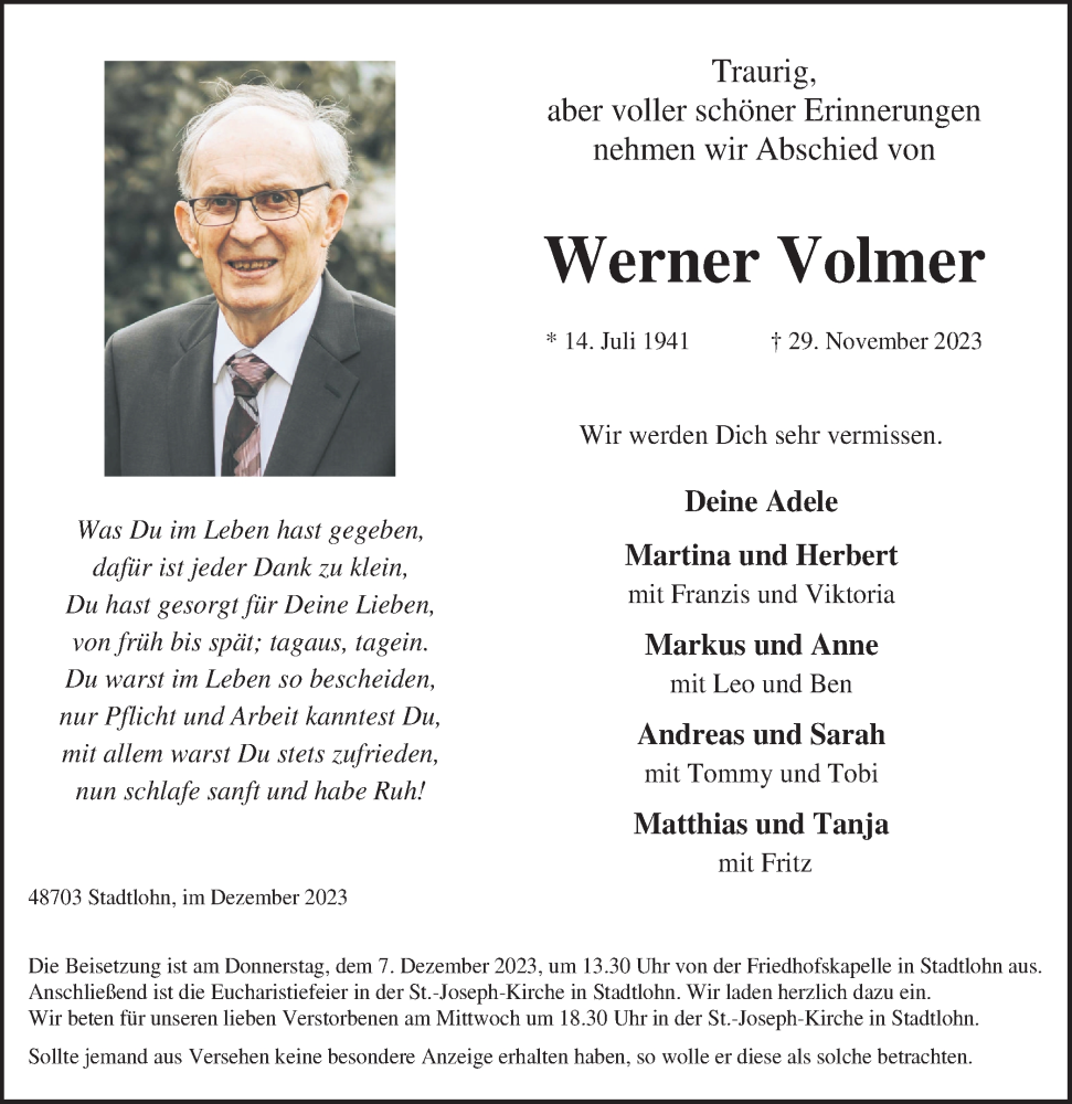  Traueranzeige für Werner Volmer vom 02.12.2023 aus Münstersche Zeitung und Münsterland Zeitung