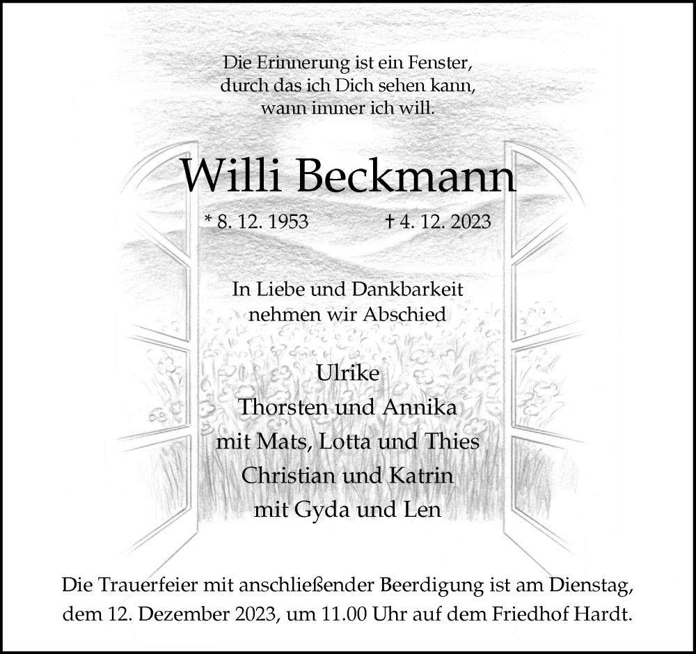 Traueranzeige für Willi Beckmann vom 09.12.2023 aus Ruhr Nachrichten und Dorstener Zeitung
