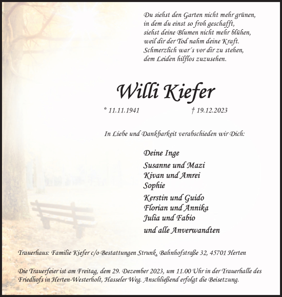 Traueranzeige von Willi Kiefer von Medienhaus Bauer