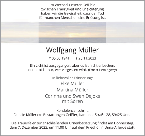 Traueranzeige von Wolfgang Müller von Hellweger Anzeiger