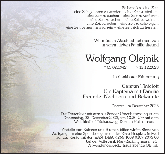 Traueranzeige von Wolfgang Olejnik von Ruhr Nachrichten und Dorstener Zeitung