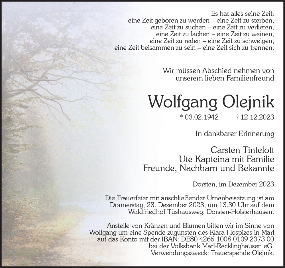  Traueranzeige für Wolfgang Olejnik vom 21.12.2023 aus Ruhr Nachrichten und Dorstener Zeitung
