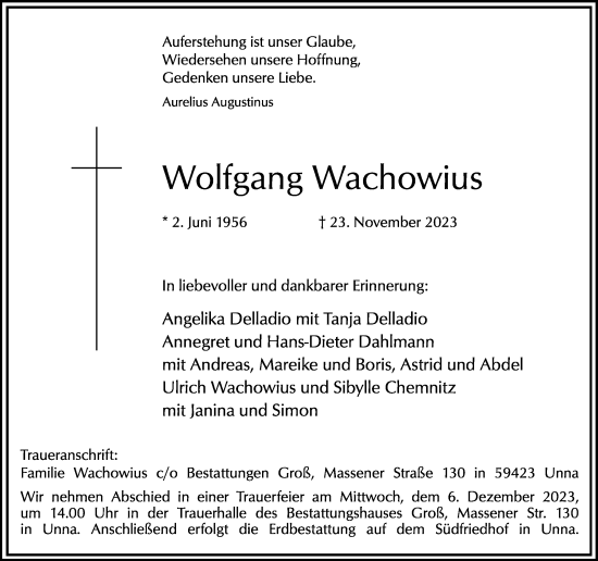 Traueranzeige von Wolfgang Wachowius von Hellweger Anzeiger